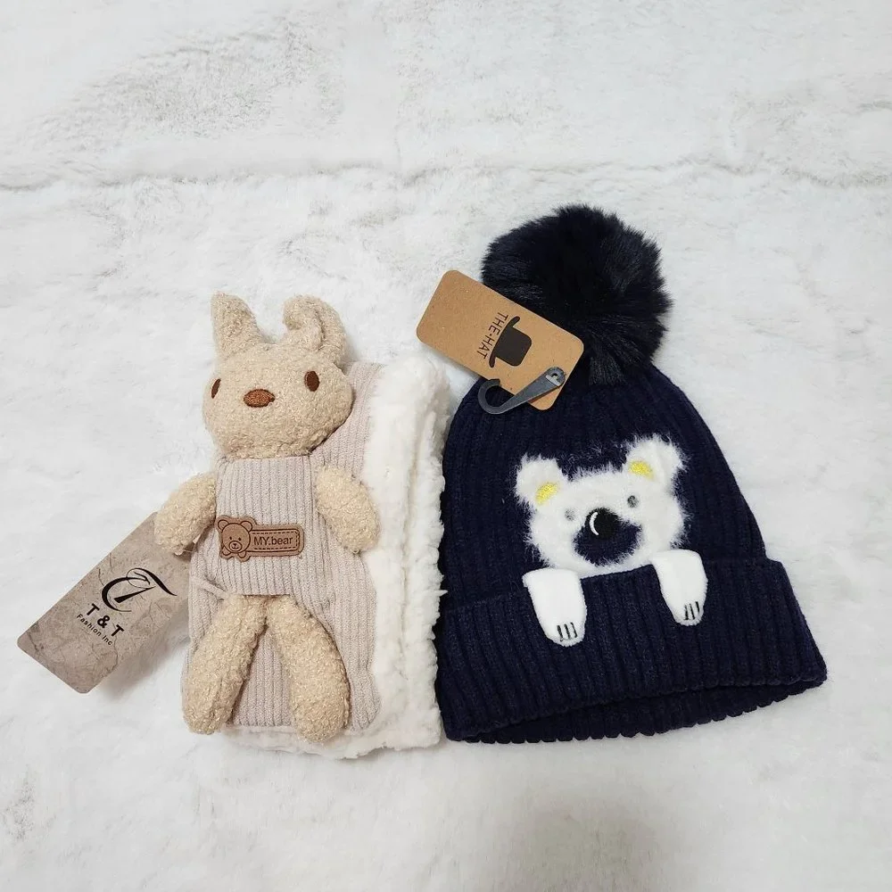 COPY - Scarve+Cap Navy/Beige Kids set, One Size - Picture 1 of 6